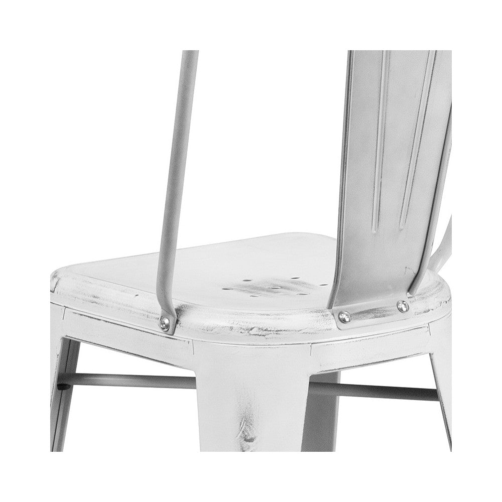 Commercial Grade 24" High Distressed White Metal Indoor-Outdoor Counter Height Stool with Back