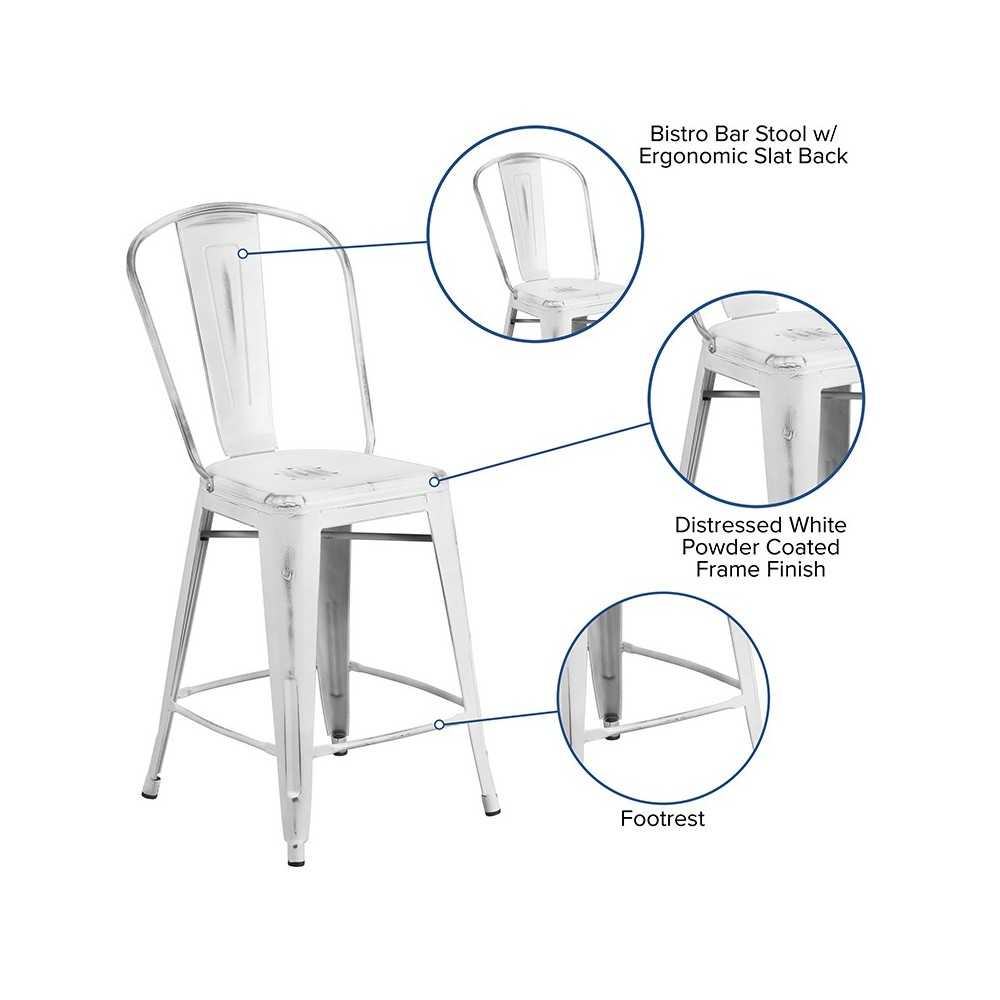 Commercial Grade 24" High Distressed White Metal Indoor-Outdoor Counter Height Stool with Back