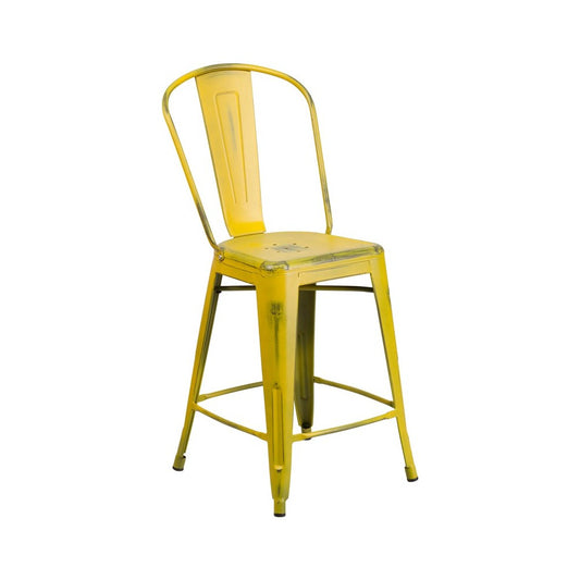 Commercial Grade 24" High Distressed Yellow Metal Indoor-Outdoor Counter Height Stool with Back
