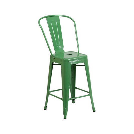 Commercial Grade 24" High Green Metal Indoor-Outdoor Counter Height Stool with Removable Back