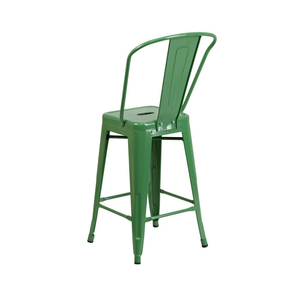 Commercial Grade 24" High Green Metal Indoor-Outdoor Counter Height Stool with Removable Back