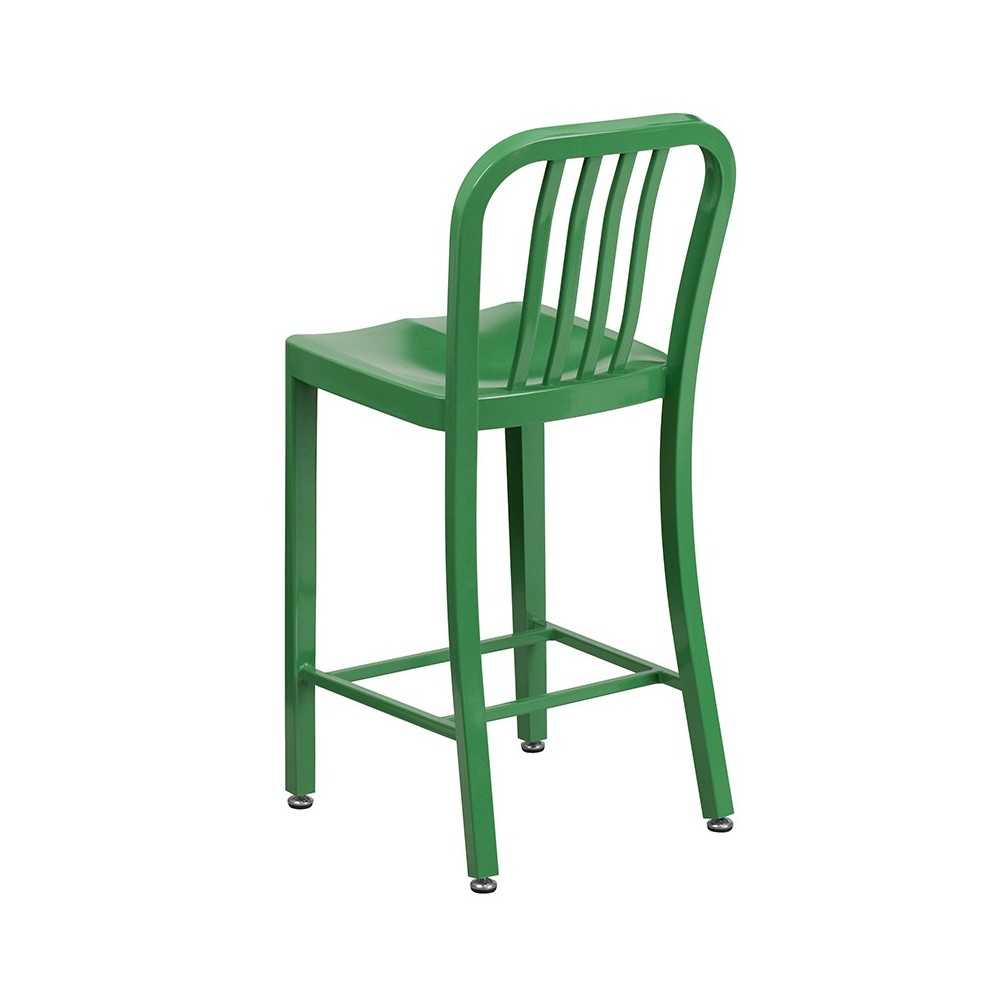 Commercial Grade 24" High Green Metal Indoor-Outdoor Counter Height Stool with Vertical Slat Back