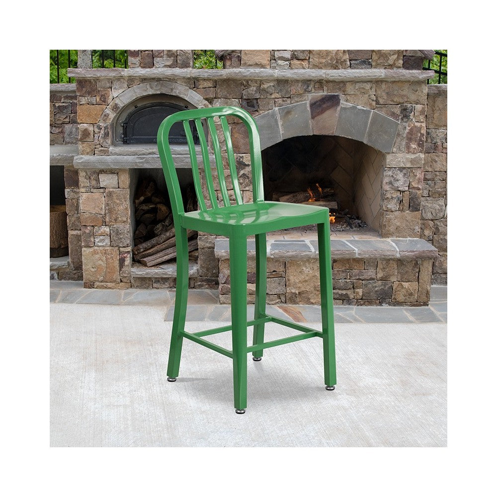 Commercial Grade 24" High Green Metal Indoor-Outdoor Counter Height Stool with Vertical Slat Back