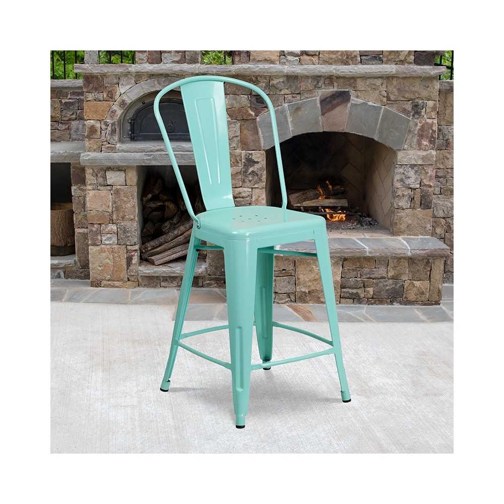 Commercial Grade 24" High Mint Green Metal Indoor-Outdoor Counter Height Stool with Back