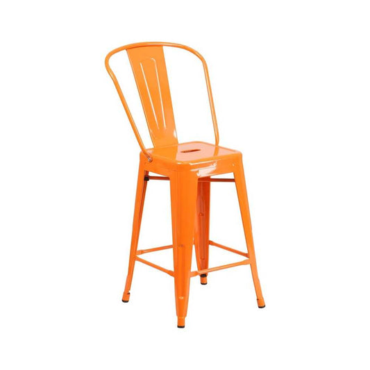 Commercial Grade 24" High Orange Metal Indoor-Outdoor Counter Height Stool with Removable Back