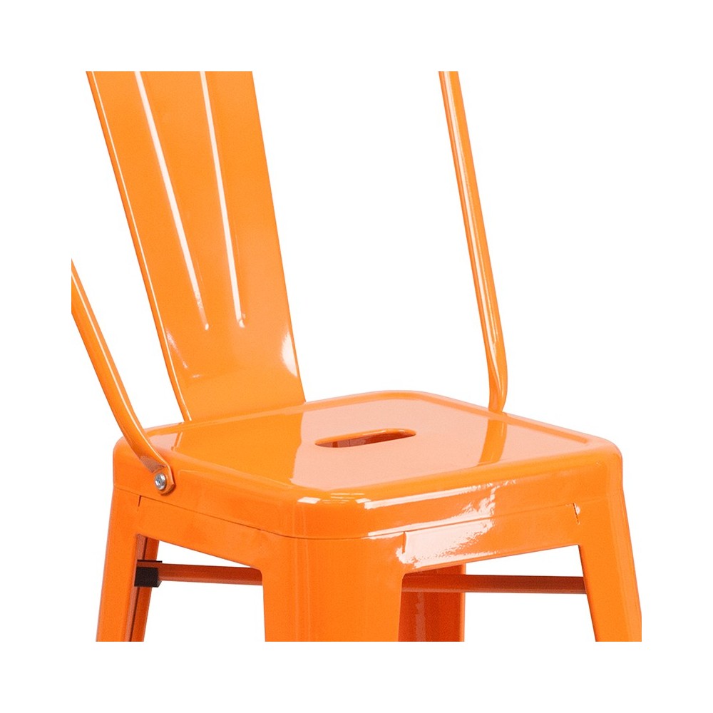 Commercial Grade 24" High Orange Metal Indoor-Outdoor Counter Height Stool with Removable Back