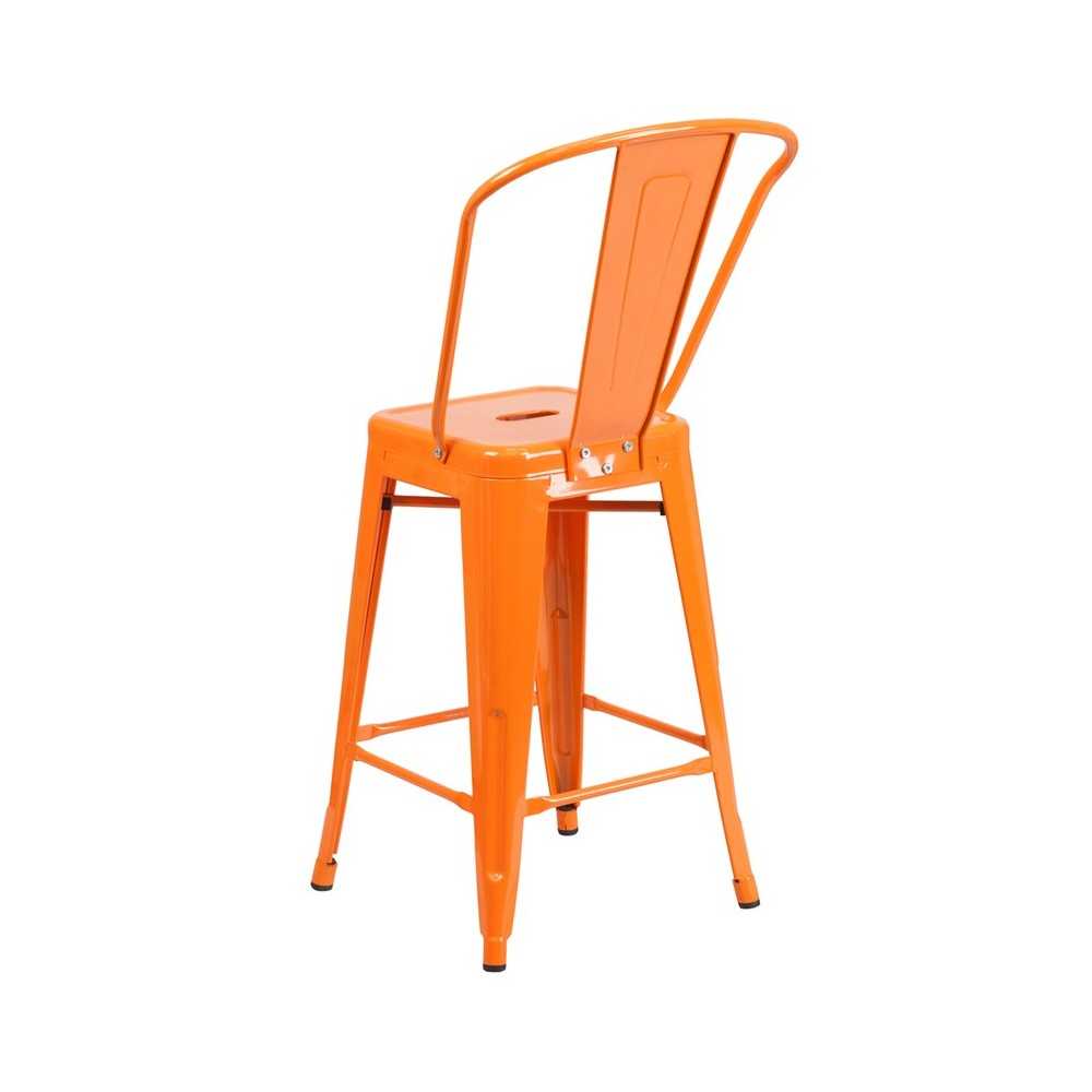 Commercial Grade 24" High Orange Metal Indoor-Outdoor Counter Height Stool with Removable Back