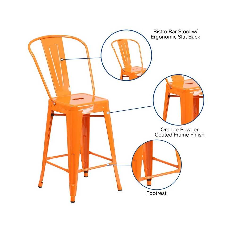 Commercial Grade 24" High Orange Metal Indoor-Outdoor Counter Height Stool with Removable Back