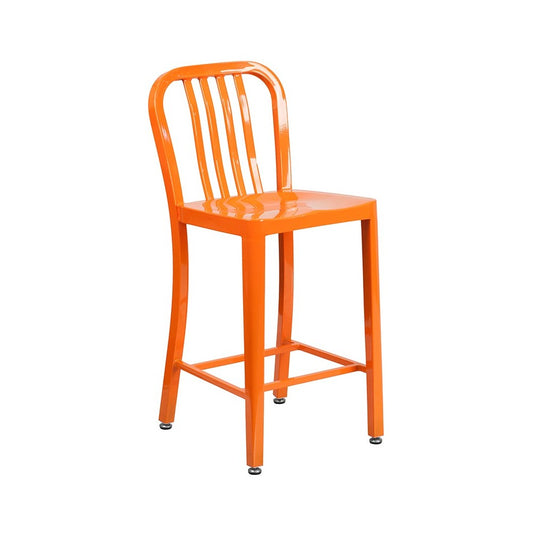 Commercial Grade 24" High Orange Metal Indoor-Outdoor Counter Height Stool with Vertical Slat Back
