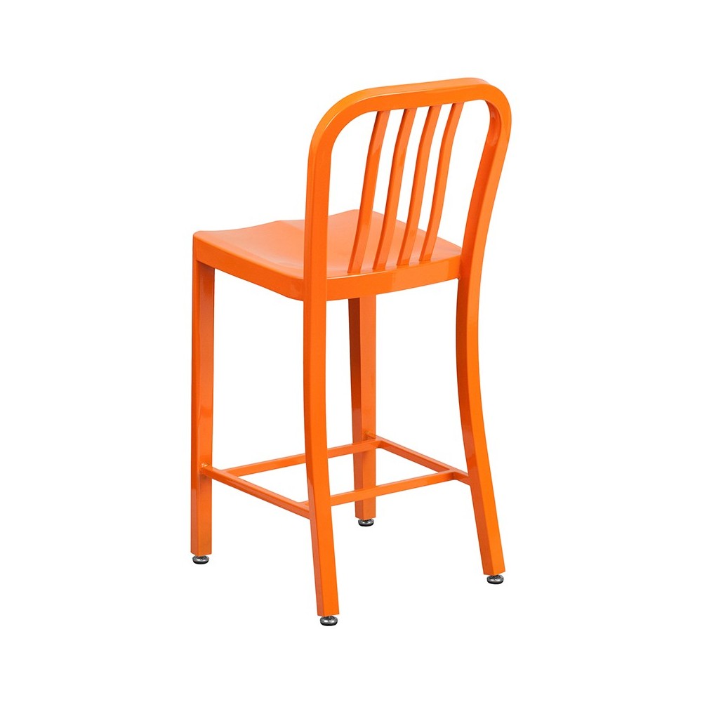 Commercial Grade 24" High Orange Metal Indoor-Outdoor Counter Height Stool with Vertical Slat Back