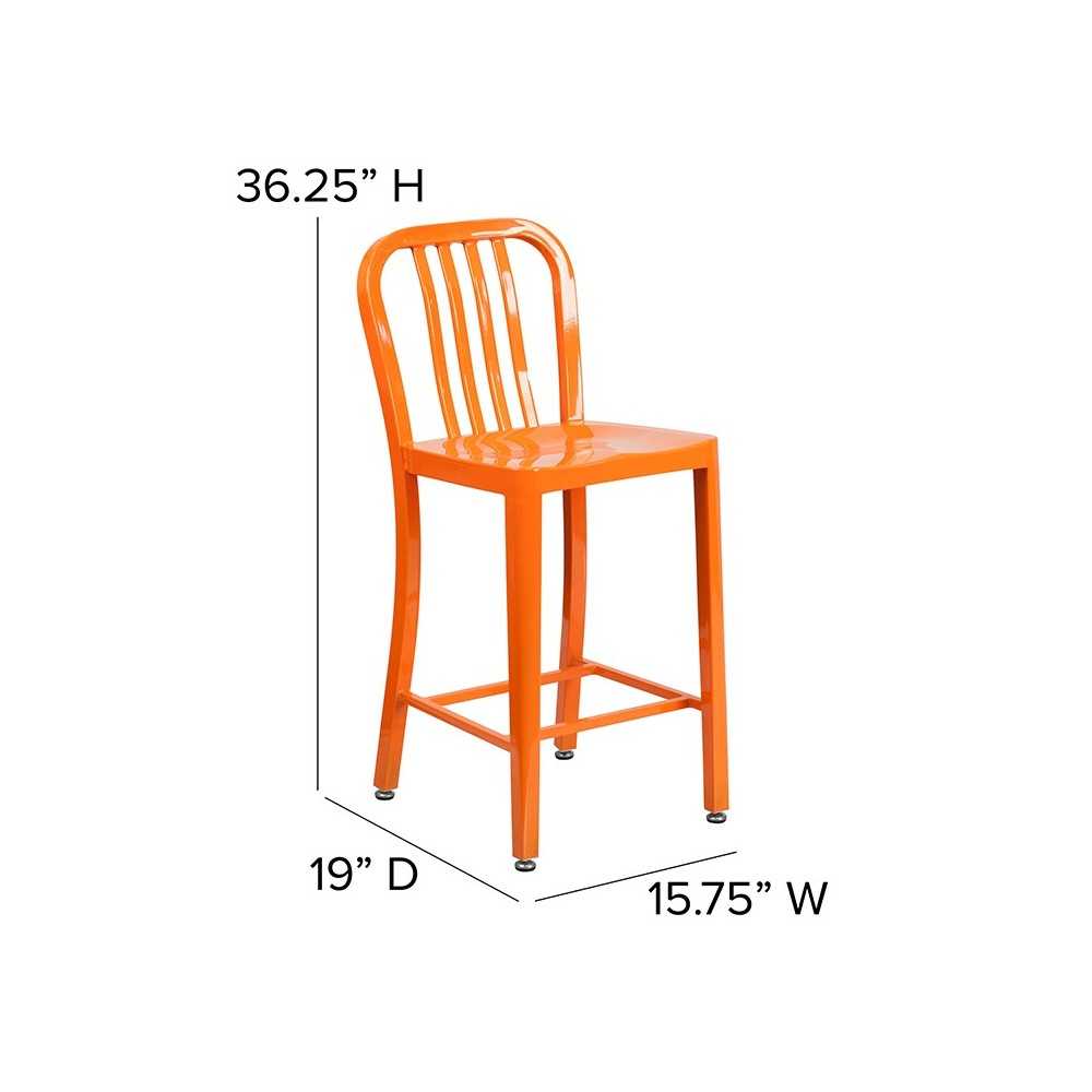 Commercial Grade 24" High Orange Metal Indoor-Outdoor Counter Height Stool with Vertical Slat Back