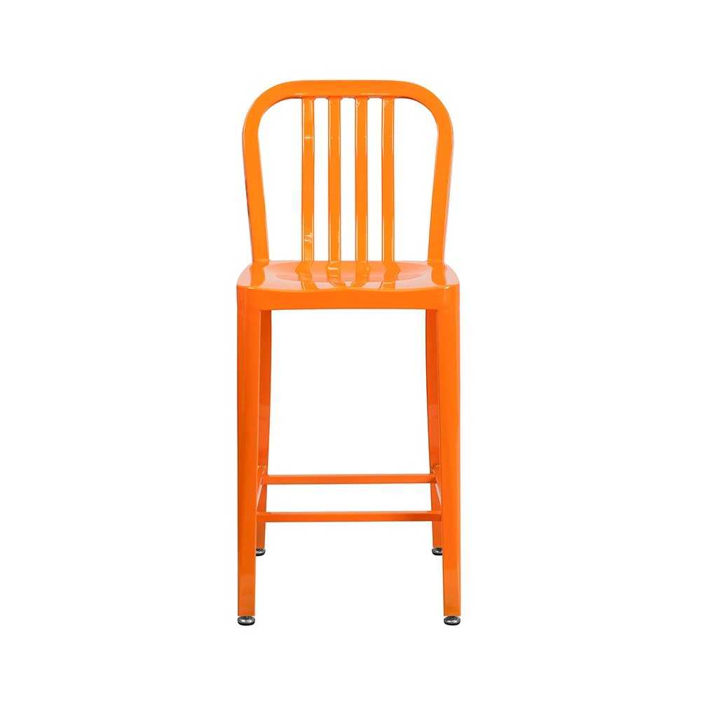 Commercial Grade 24" High Orange Metal Indoor-Outdoor Counter Height Stool with Vertical Slat Back