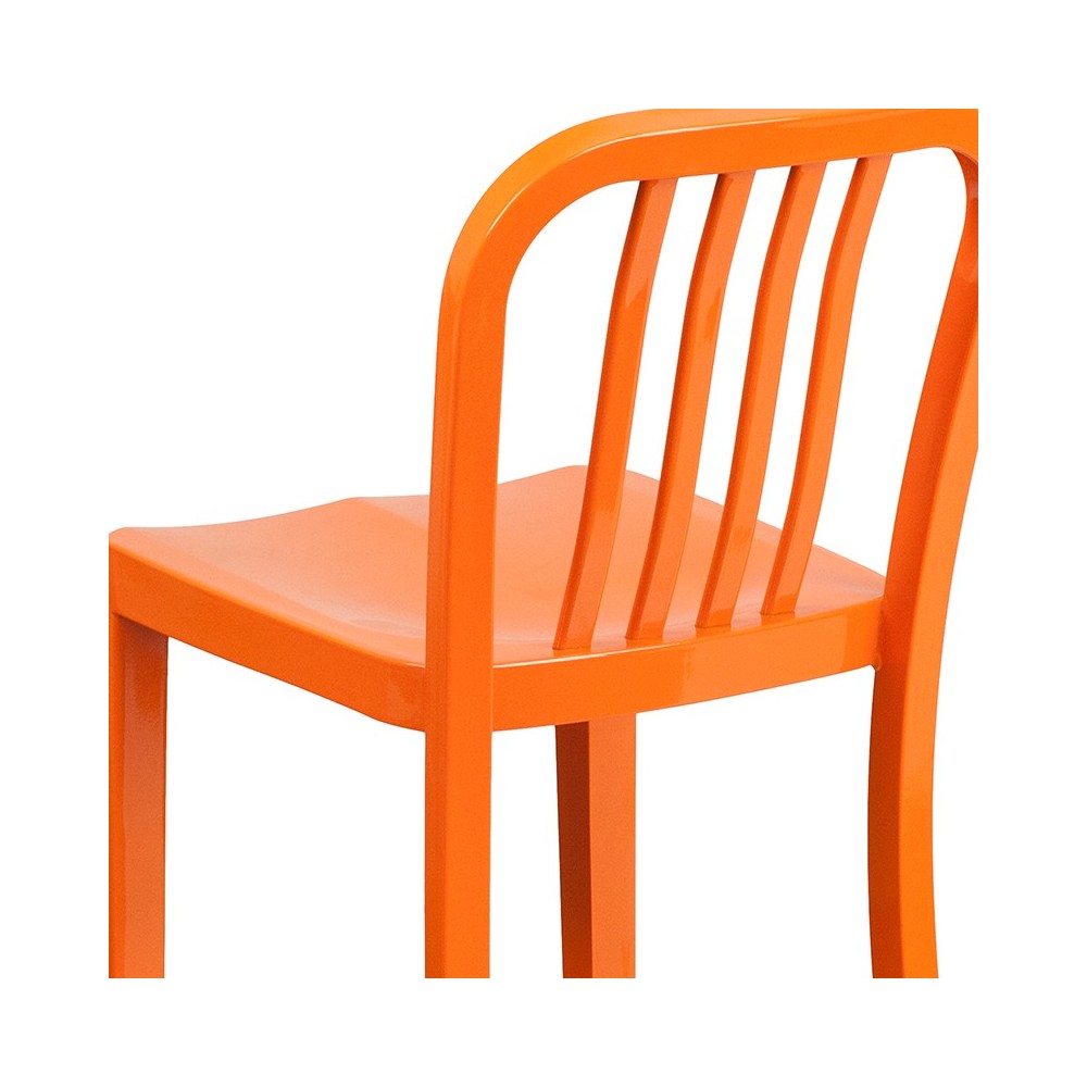 Commercial Grade 24" High Orange Metal Indoor-Outdoor Counter Height Stool with Vertical Slat Back
