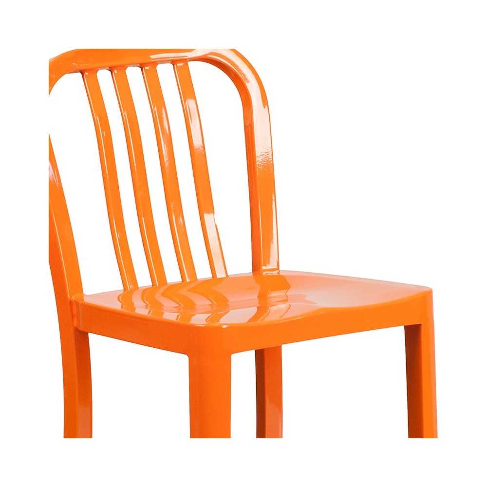 Commercial Grade 24" High Orange Metal Indoor-Outdoor Counter Height Stool with Vertical Slat Back