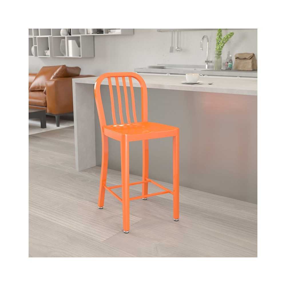 Commercial Grade 24" High Orange Metal Indoor-Outdoor Counter Height Stool with Vertical Slat Back