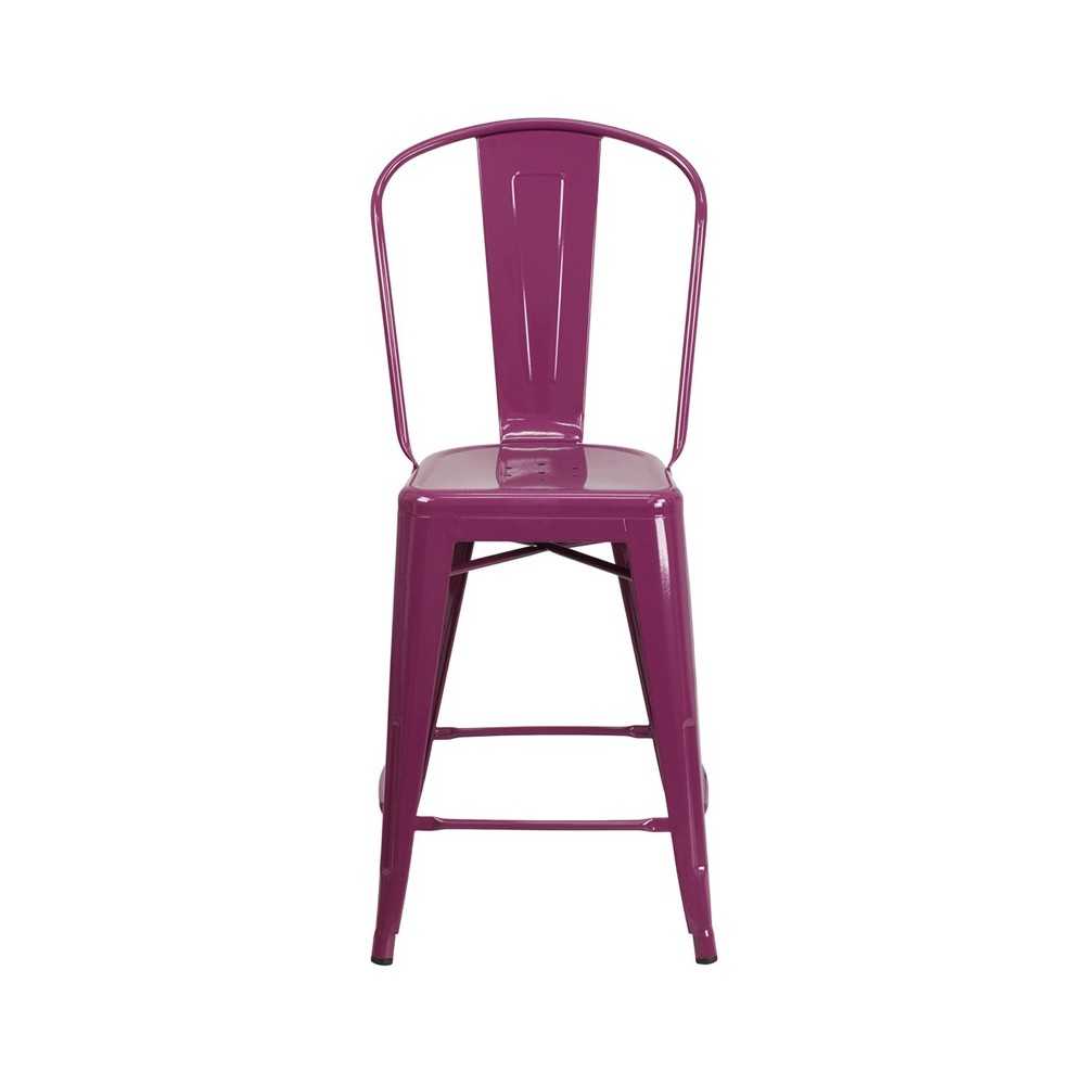 Commercial Grade 24" High Purple Metal Indoor-Outdoor Counter Height Stool with Back