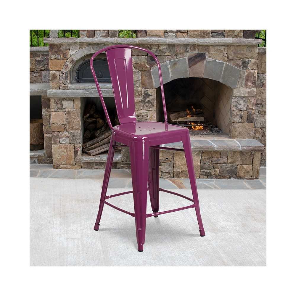 Commercial Grade 24" High Purple Metal Indoor-Outdoor Counter Height Stool with Back