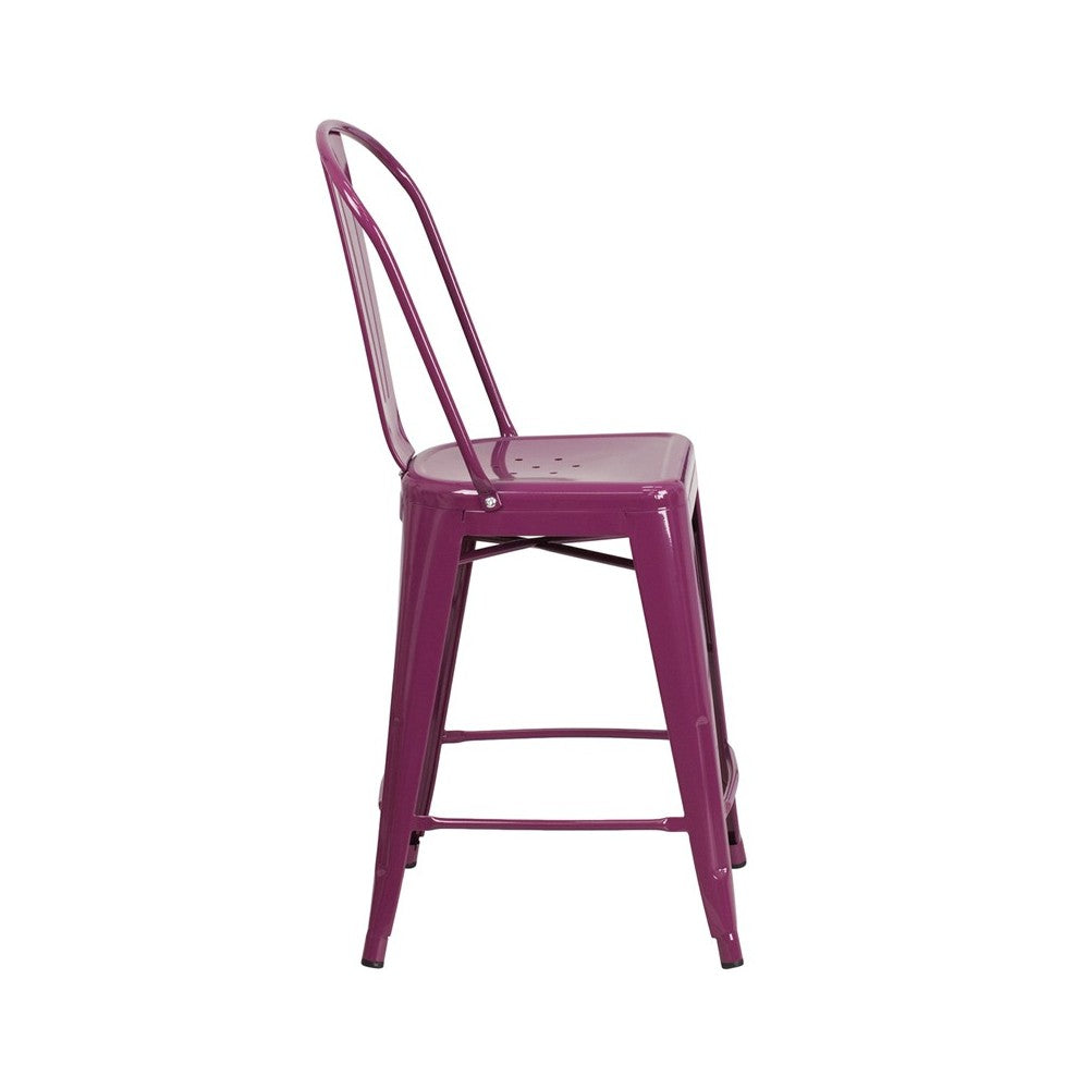 Commercial Grade 24" High Purple Metal Indoor-Outdoor Counter Height Stool with Back