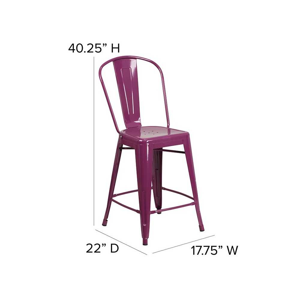 Commercial Grade 24" High Purple Metal Indoor-Outdoor Counter Height Stool with Back