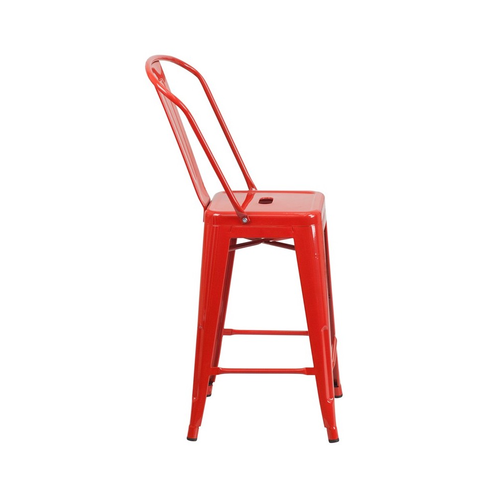 Commercial Grade 24" High Red Metal Indoor-Outdoor Counter Height Stool with Removable Back