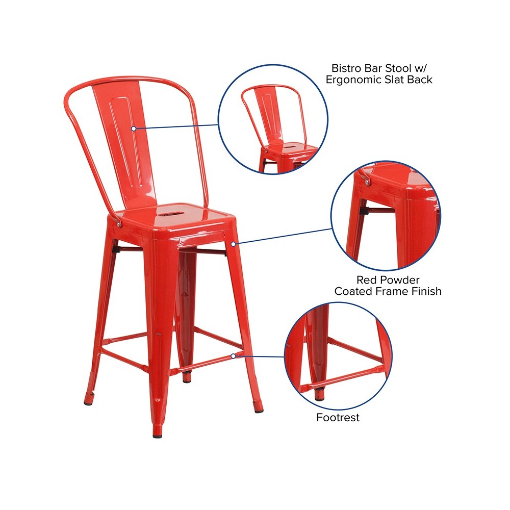 Commercial Grade 24" High Red Metal Indoor-Outdoor Counter Height Stool with Removable Back