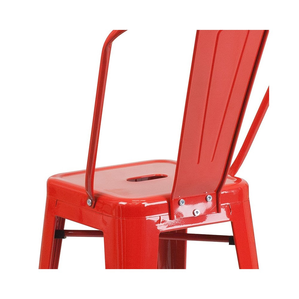 Commercial Grade 24" High Red Metal Indoor-Outdoor Counter Height Stool with Removable Back