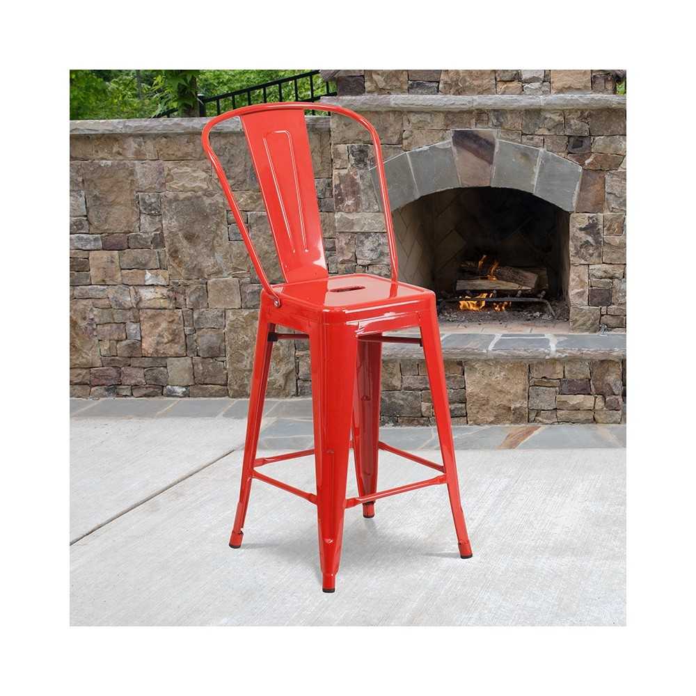 Commercial Grade 24" High Red Metal Indoor-Outdoor Counter Height Stool with Removable Back