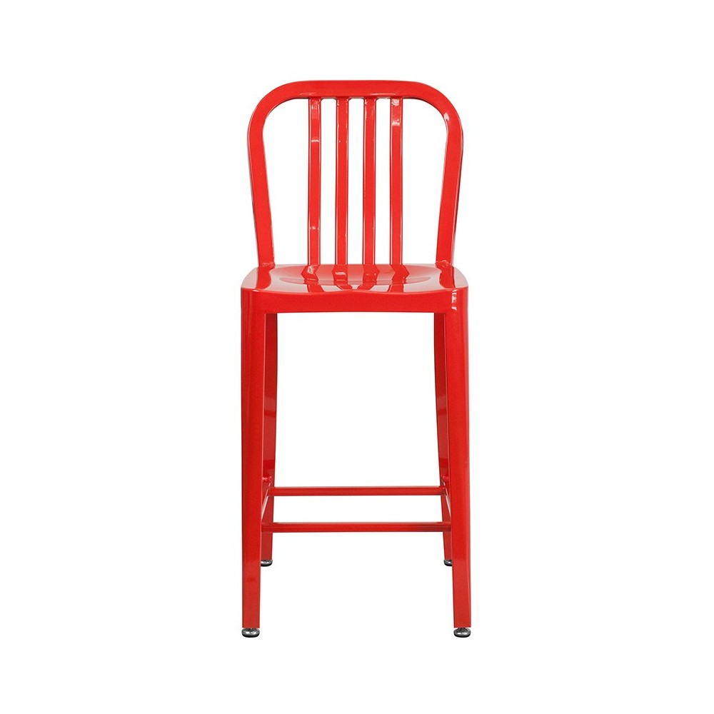 Commercial Grade 24" High Red Metal Indoor-Outdoor Counter Height Stool with Vertical Slat Back