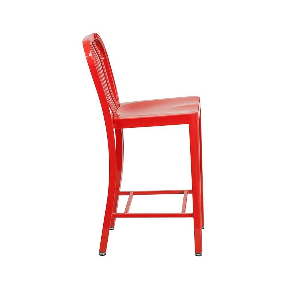 Commercial Grade 24" High Red Metal Indoor-Outdoor Counter Height Stool with Vertical Slat Back