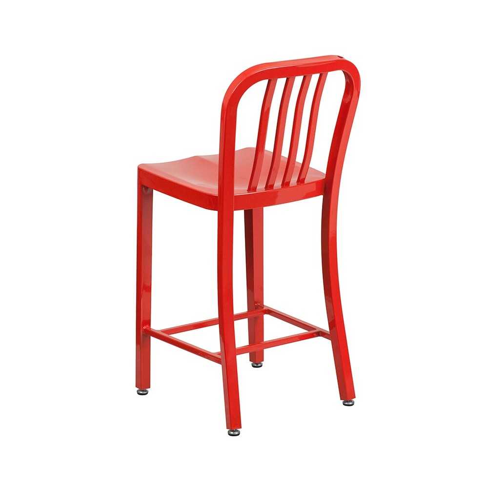 Commercial Grade 24" High Red Metal Indoor-Outdoor Counter Height Stool with Vertical Slat Back