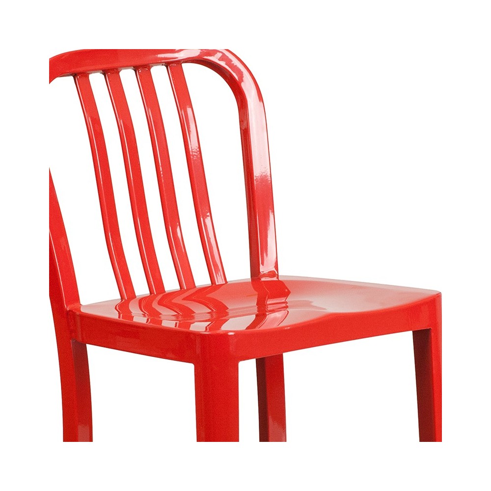 Commercial Grade 24" High Red Metal Indoor-Outdoor Counter Height Stool with Vertical Slat Back