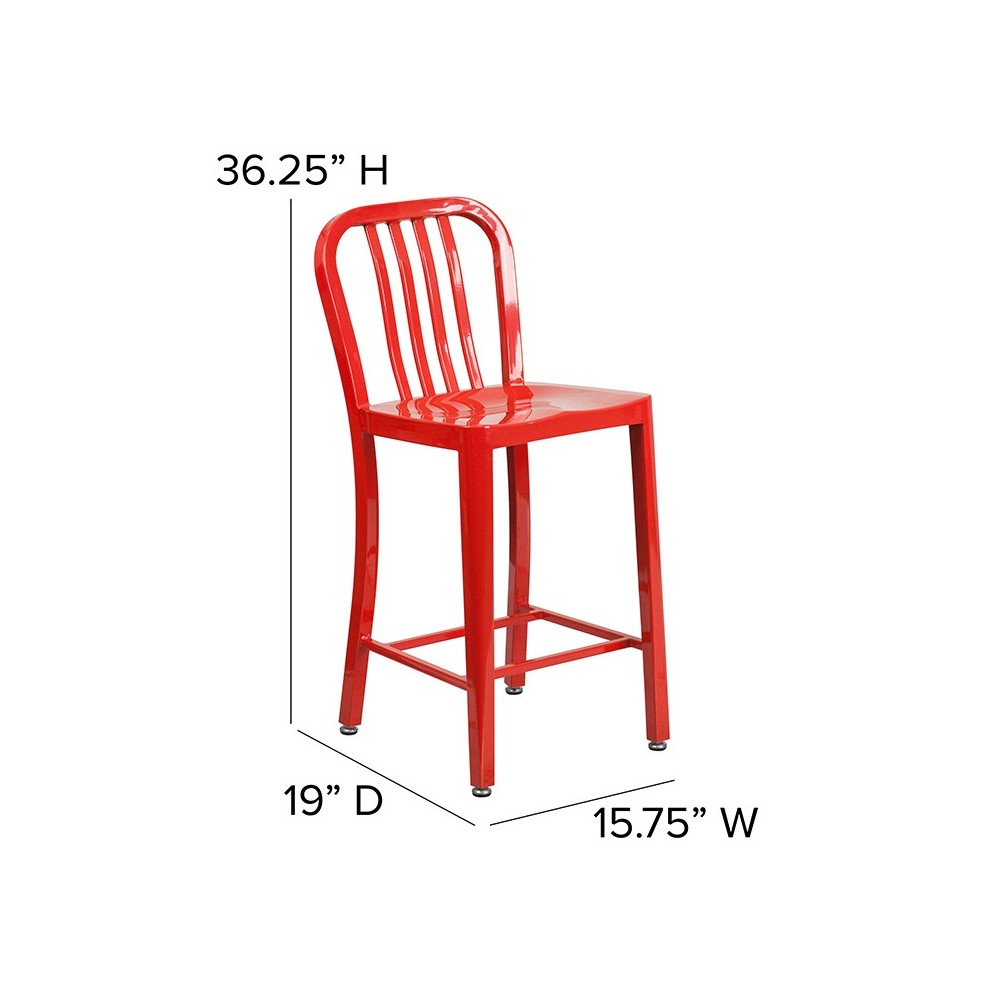Commercial Grade 24" High Red Metal Indoor-Outdoor Counter Height Stool with Vertical Slat Back