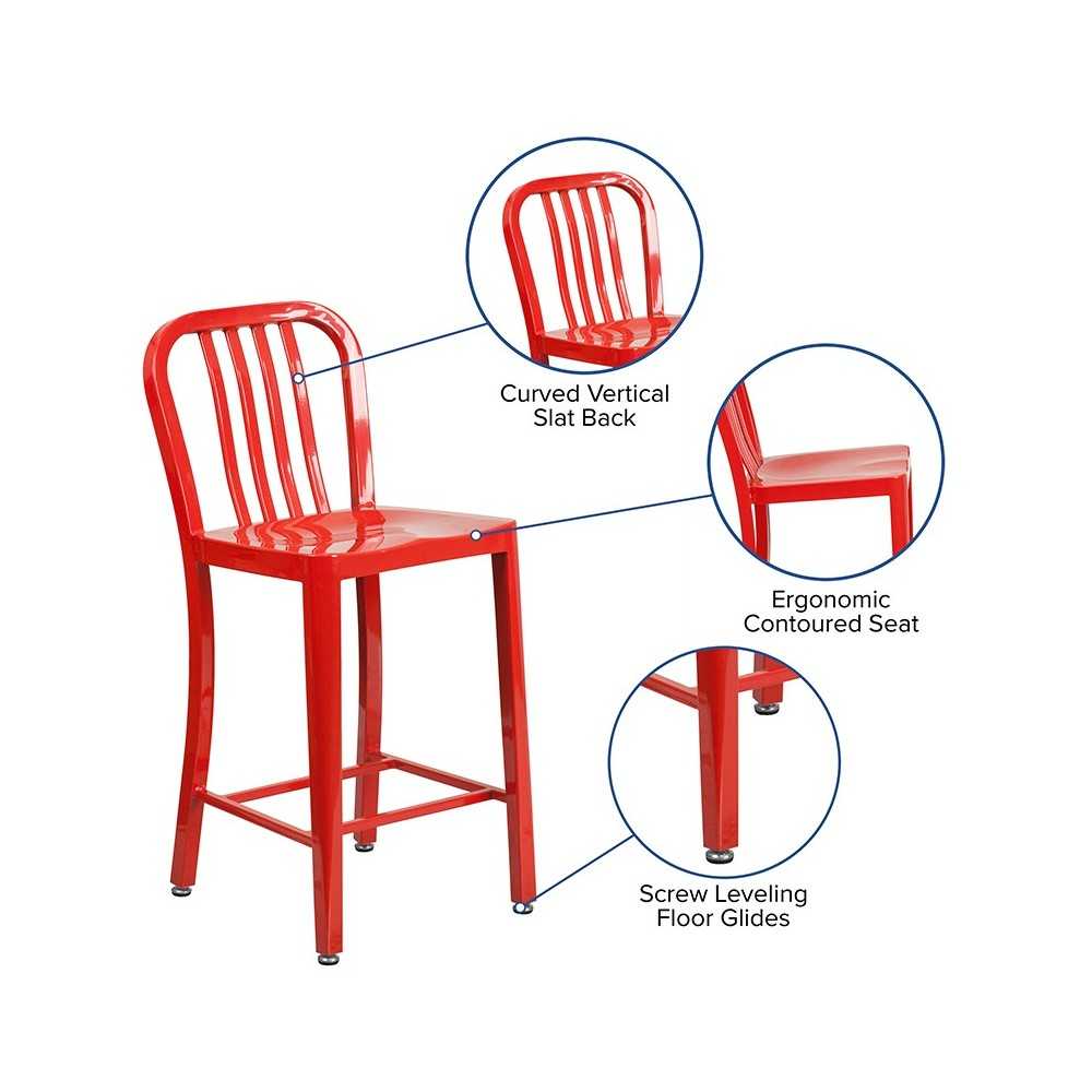 Commercial Grade 24" High Red Metal Indoor-Outdoor Counter Height Stool with Vertical Slat Back