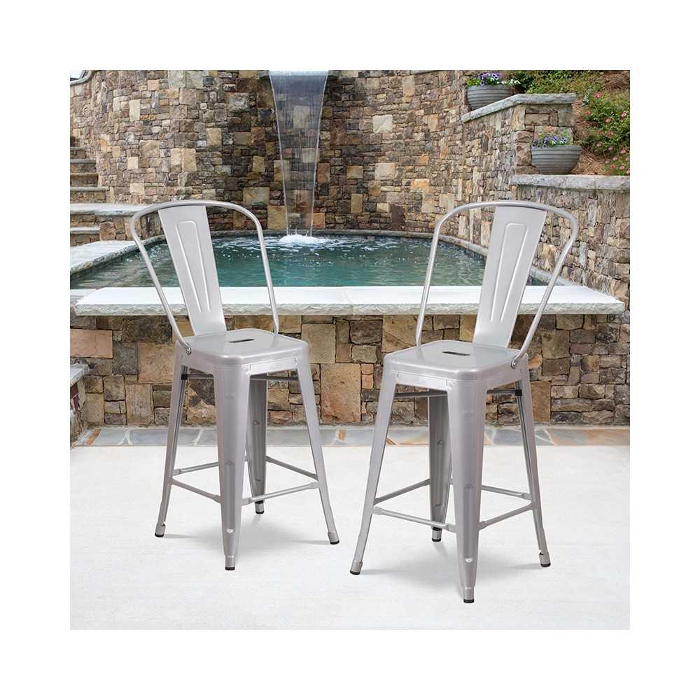 Commercial Grade 24" High Silver Metal Indoor-Outdoor Counter Height Stool with Removable Back
