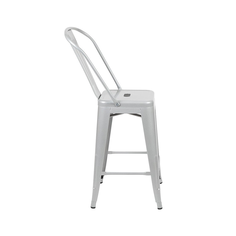 Commercial Grade 24" High Silver Metal Indoor-Outdoor Counter Height Stool with Removable Back