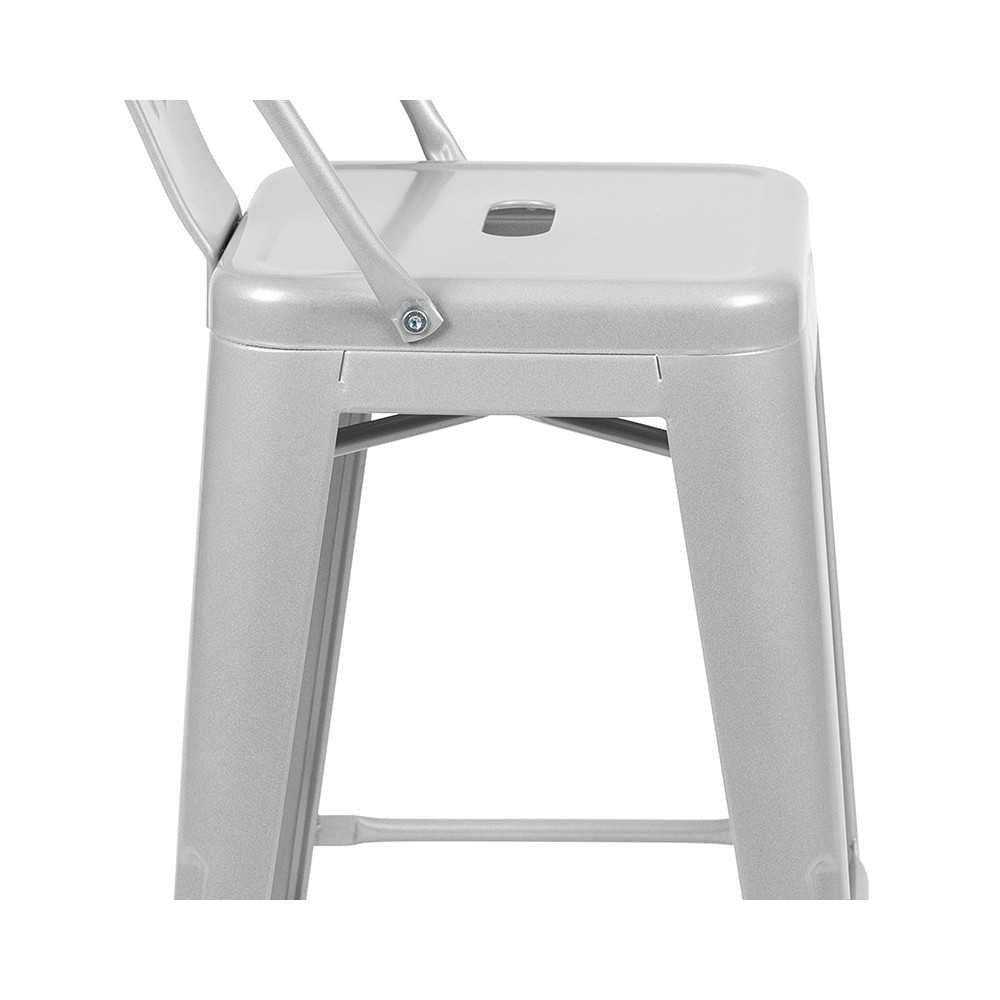 Commercial Grade 24" High Silver Metal Indoor-Outdoor Counter Height Stool with Removable Back