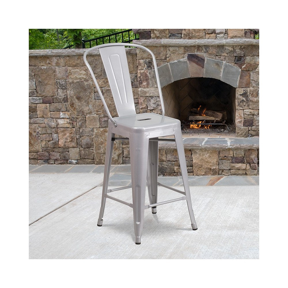 Commercial Grade 24" High Silver Metal Indoor-Outdoor Counter Height Stool with Removable Back