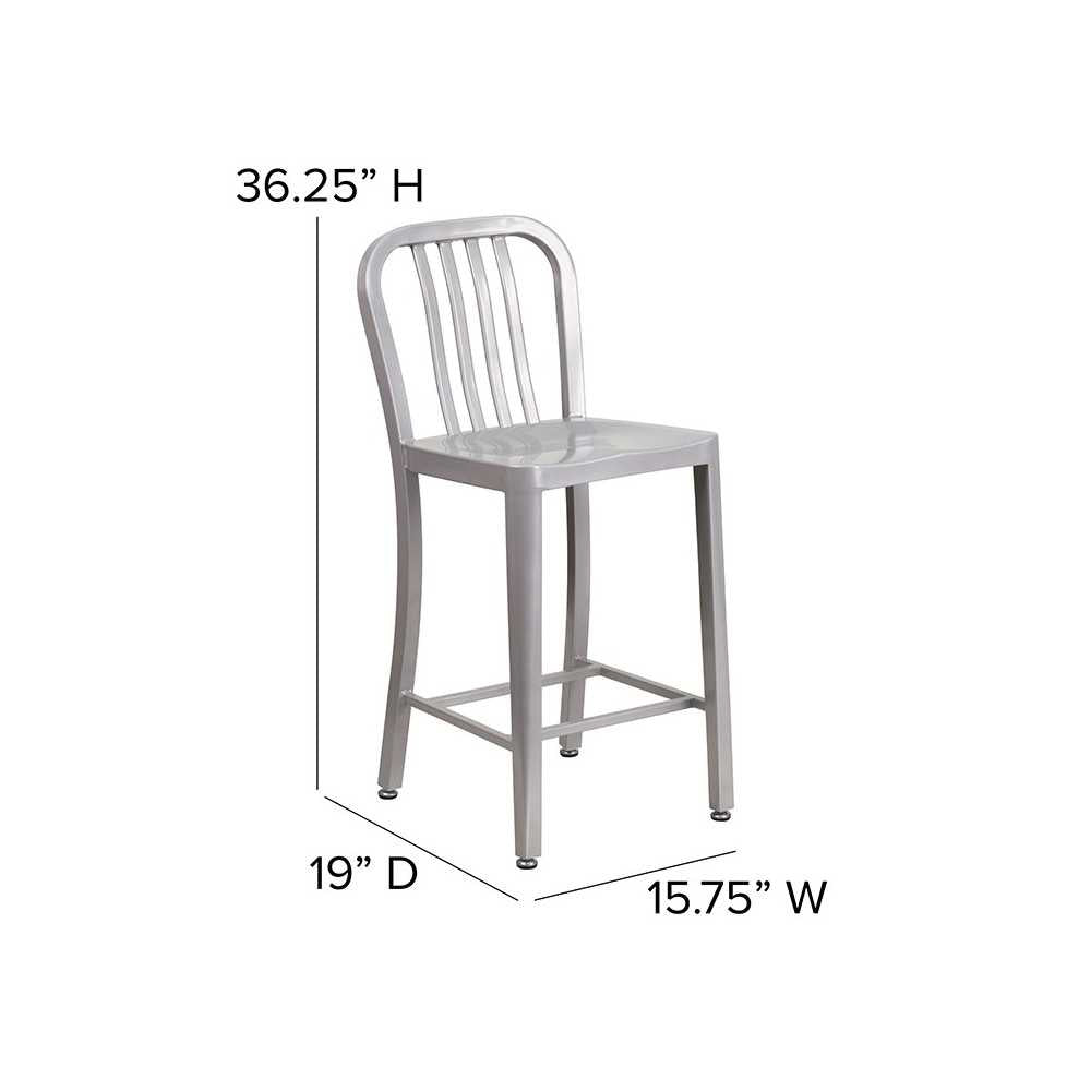 Commercial Grade 24" High Silver Metal Indoor-Outdoor Counter Height Stool with Vertical Slat Back
