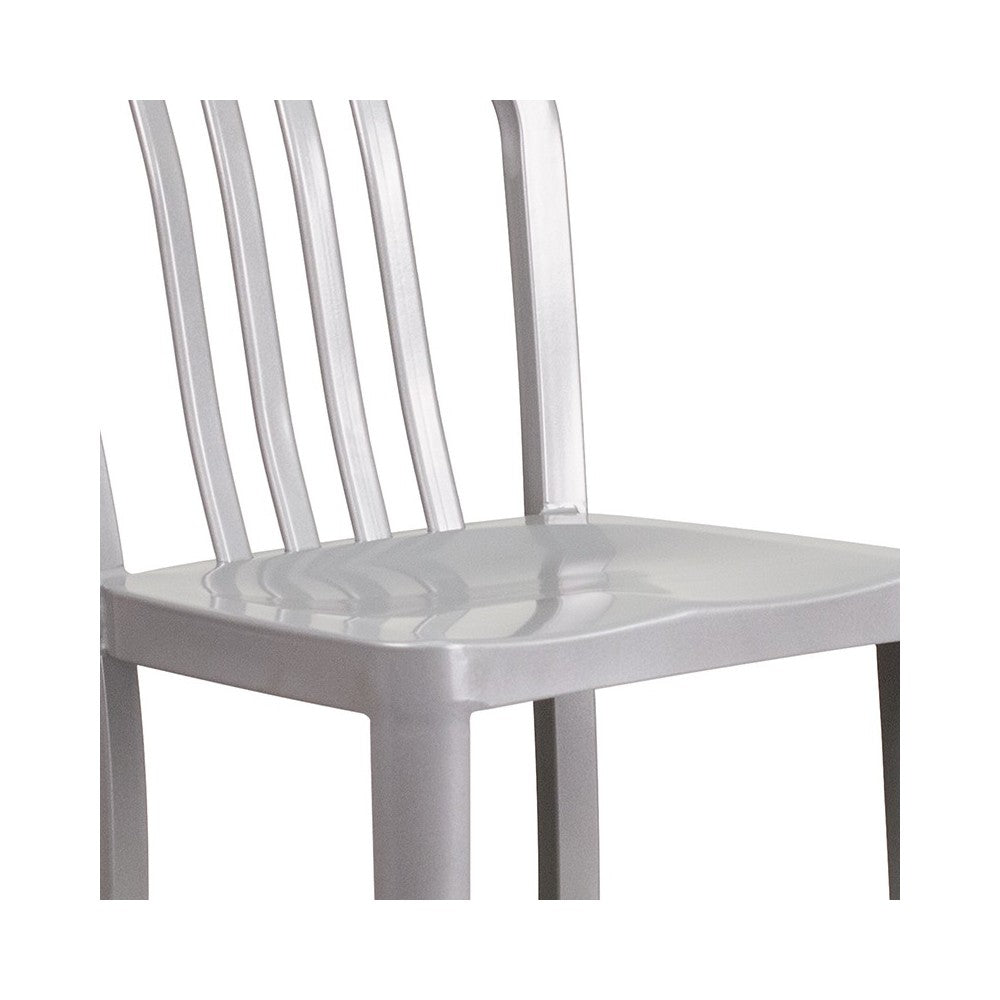 Commercial Grade 24" High Silver Metal Indoor-Outdoor Counter Height Stool with Vertical Slat Back