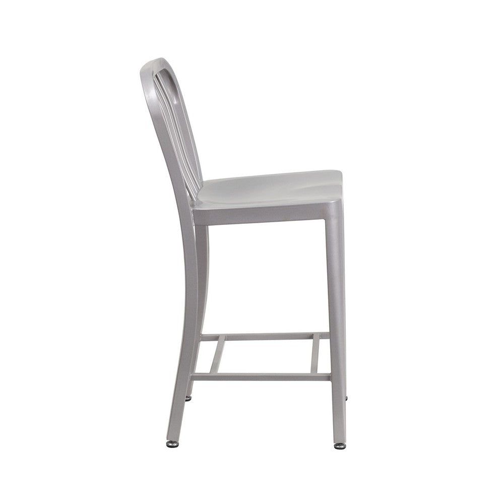 Commercial Grade 24" High Silver Metal Indoor-Outdoor Counter Height Stool with Vertical Slat Back