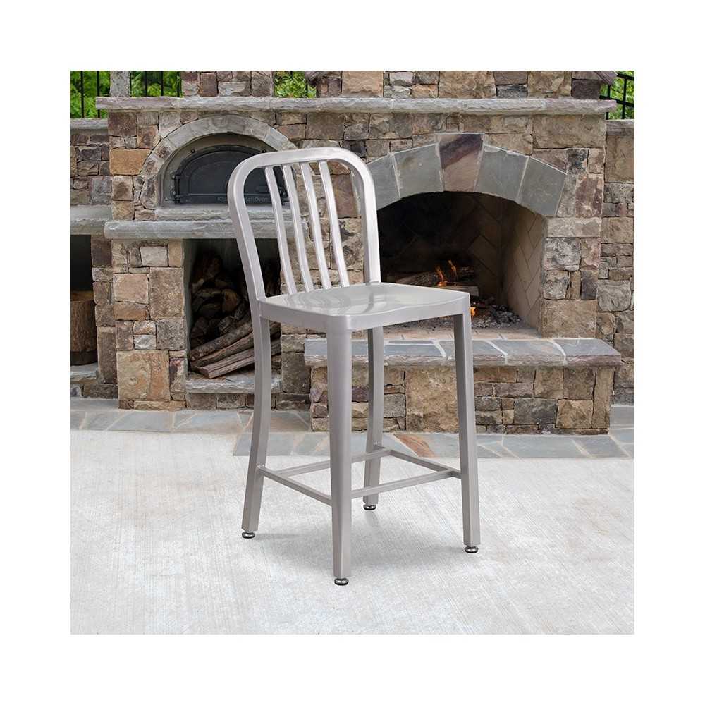 Commercial Grade 24" High Silver Metal Indoor-Outdoor Counter Height Stool with Vertical Slat Back
