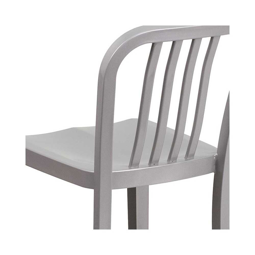 Commercial Grade 24" High Silver Metal Indoor-Outdoor Counter Height Stool with Vertical Slat Back
