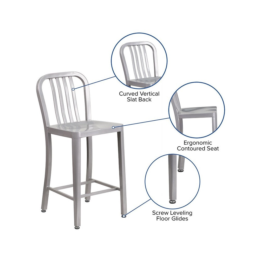 Commercial Grade 24" High Silver Metal Indoor-Outdoor Counter Height Stool with Vertical Slat Back