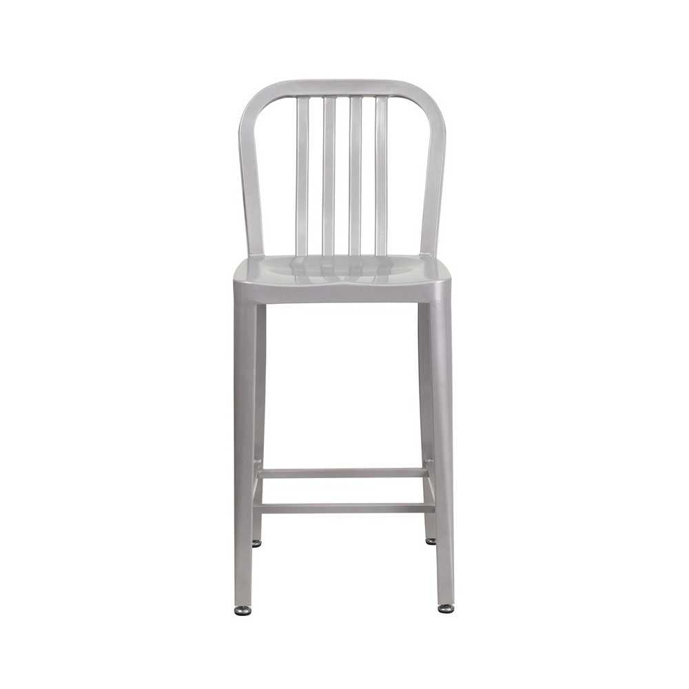 Commercial Grade 24" High Silver Metal Indoor-Outdoor Counter Height Stool with Vertical Slat Back