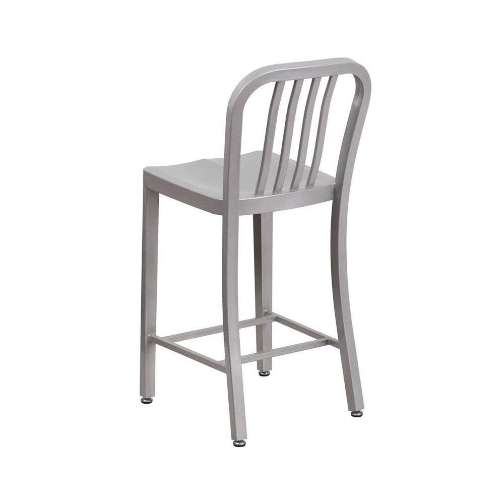 Commercial Grade 24" High Silver Metal Indoor-Outdoor Counter Height Stool with Vertical Slat Back