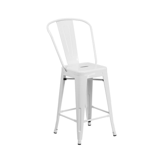 Commercial Grade 24" High White Metal Indoor-Outdoor Counter Height Stool with Removable Back