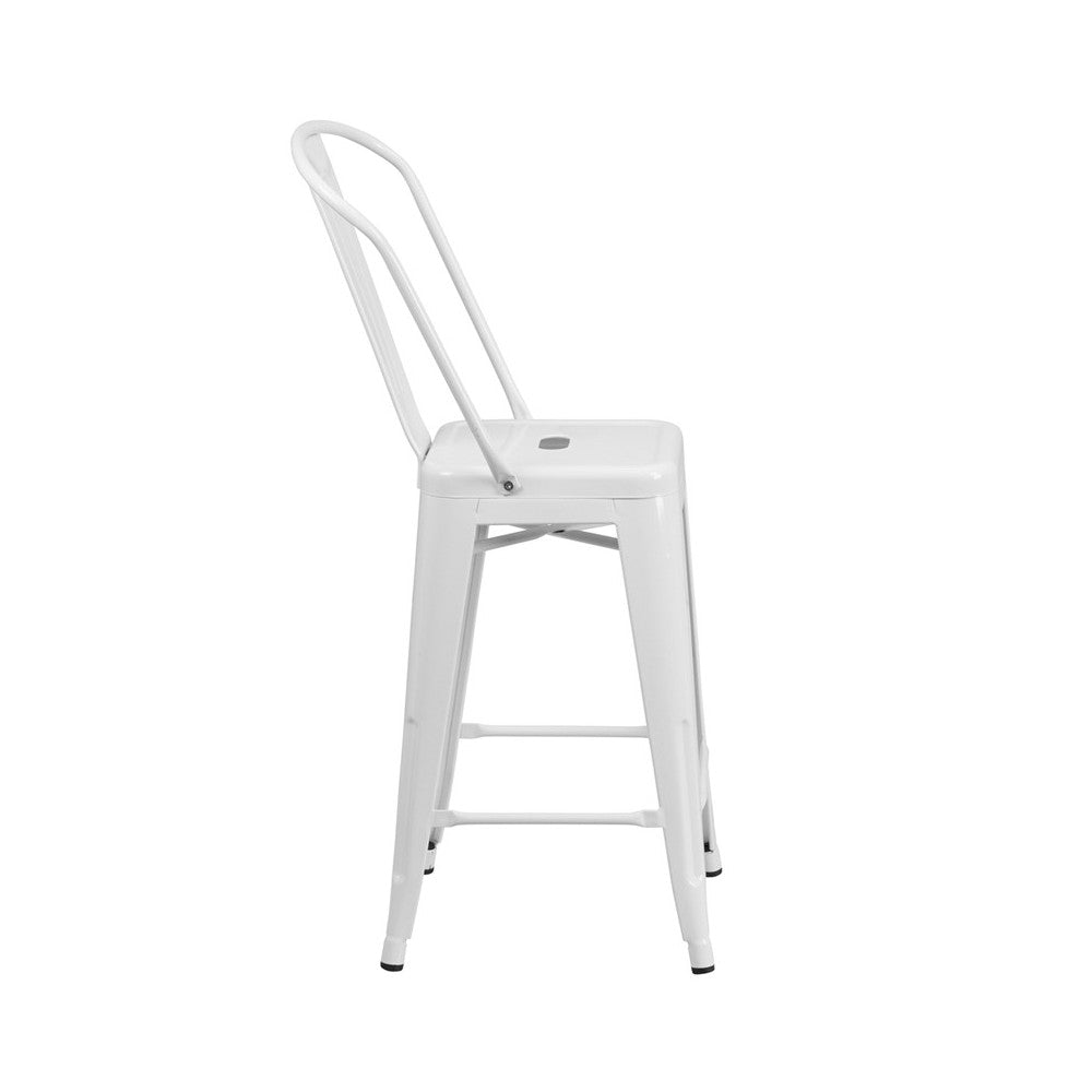 Commercial Grade 24" High White Metal Indoor-Outdoor Counter Height Stool with Removable Back