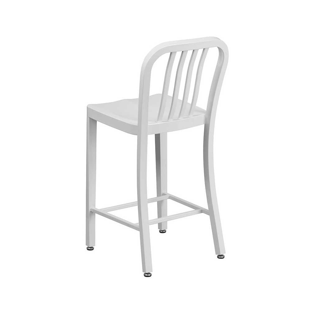 Commercial Grade 24" High White Metal Indoor-Outdoor Counter Height Stool with Vertical Slat Back