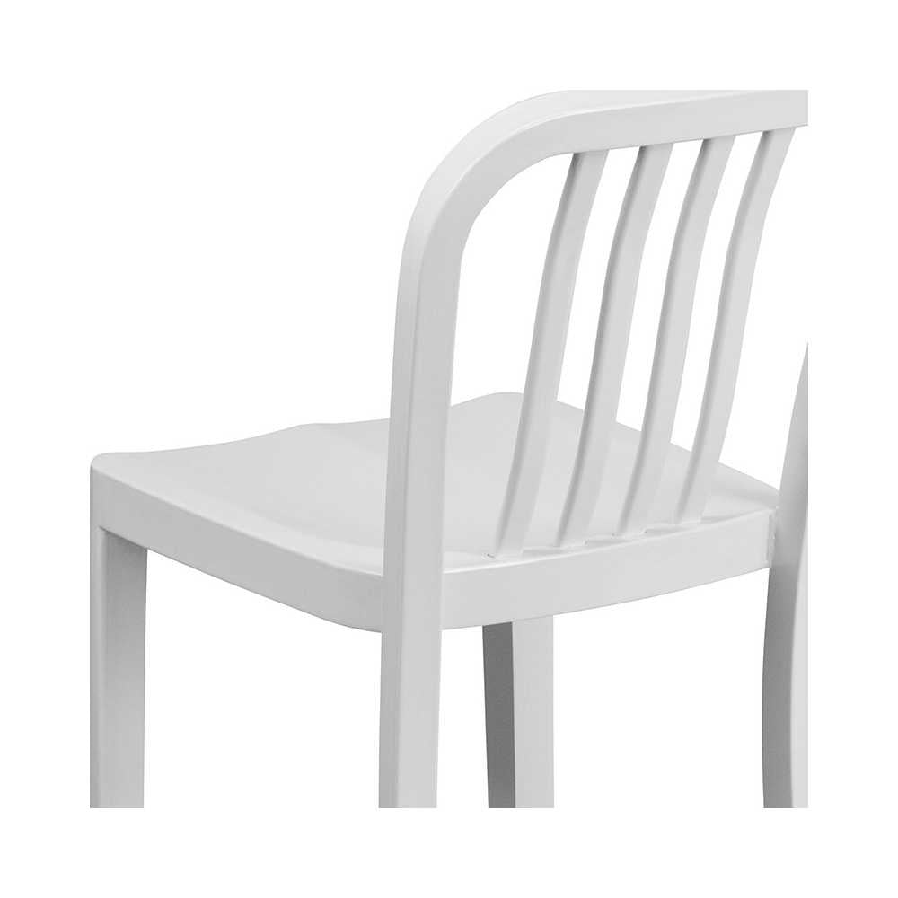 Commercial Grade 24" High White Metal Indoor-Outdoor Counter Height Stool with Vertical Slat Back
