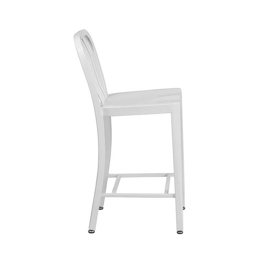 Commercial Grade 24" High White Metal Indoor-Outdoor Counter Height Stool with Vertical Slat Back